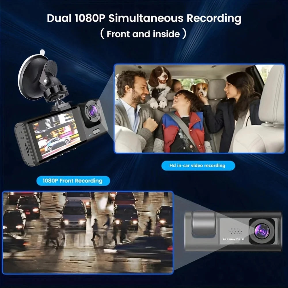 Car dashboard camera with dual 1080P recording capability, showing family in car and traffic scene.