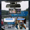 Car dashboard camera showing views outside and inside the car on a highway.