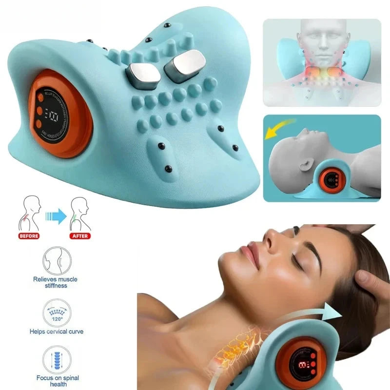 Neck and shoulder massager with user interface and health benefits illustration