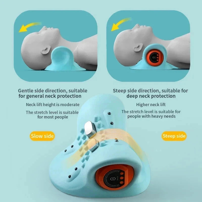 A light blue neck massage pillow with an orange circular control panel and textured massage nodes, shown on a pale blue background with two inset diagrams explaining side-direction neck massage modes.