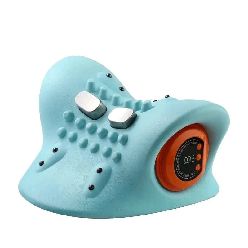Blue massage device with buttons and digital display on a white background