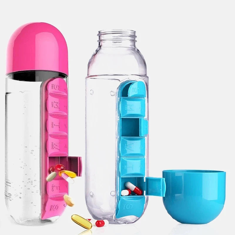 Multifunctional water bottle with pill compartment and cup on a white background