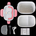Collection of kitchen items including a pink and white appliance, lid, spoon, plug, and manual on a black background.