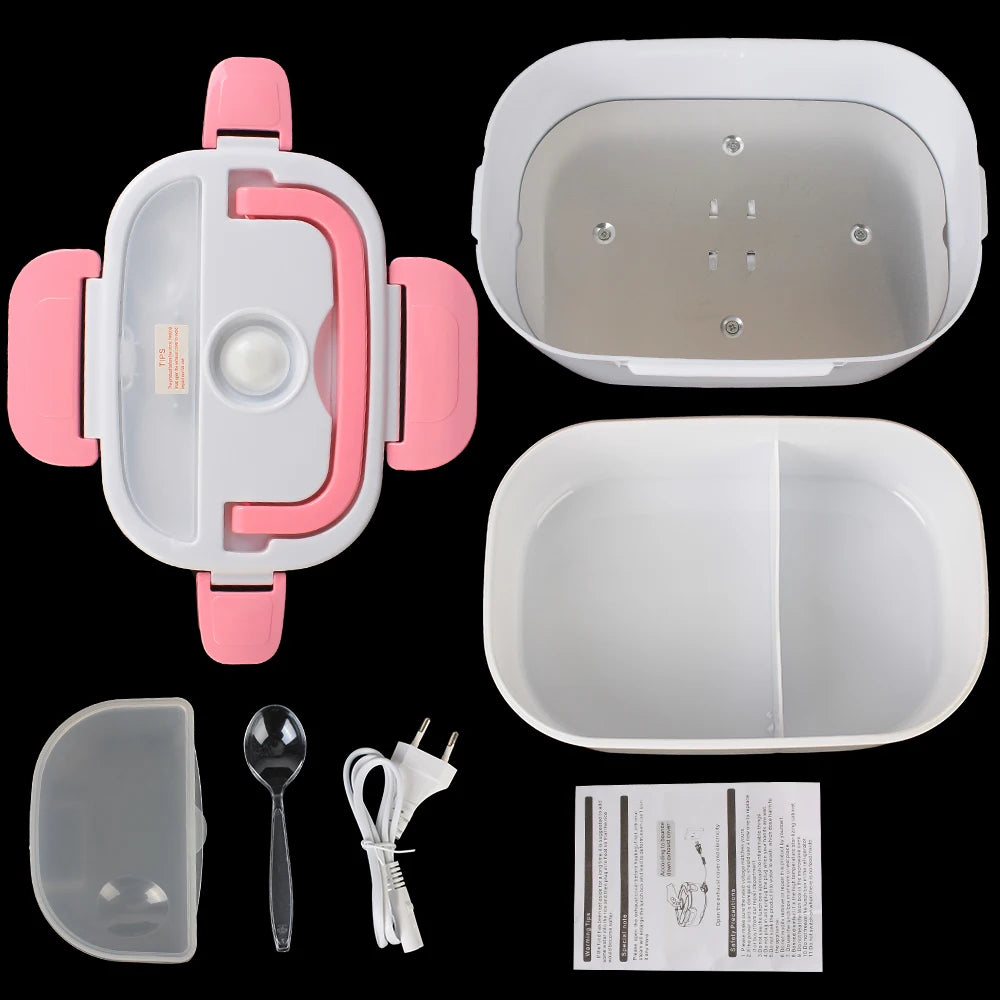 Collection of kitchen items including a pink and white appliance, lid, spoon, plug, and manual on a black background.