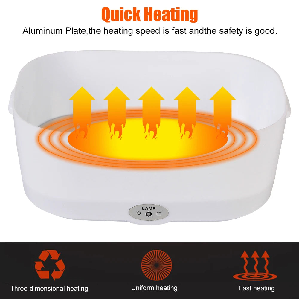 Heating device with heating arrows and text about quick heating on a white background