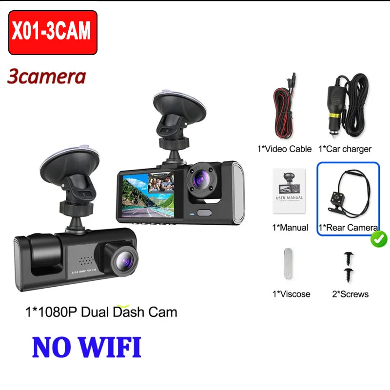 3-camera dash cam set with accessories on a white background