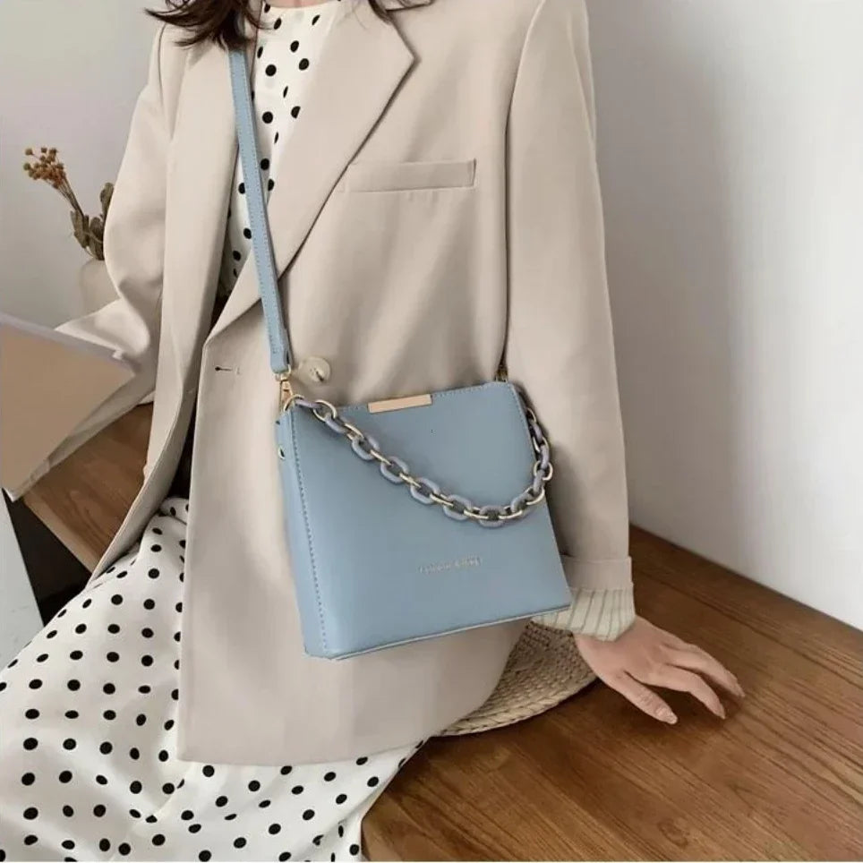 Chic Leather Chain Bucket Crossbody Bag
