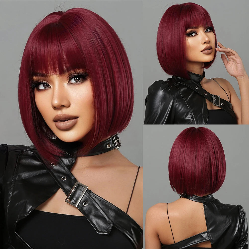Layered Short Straight Wig with Bangs | Heat Resistant Synthetic Bob - ANDYS