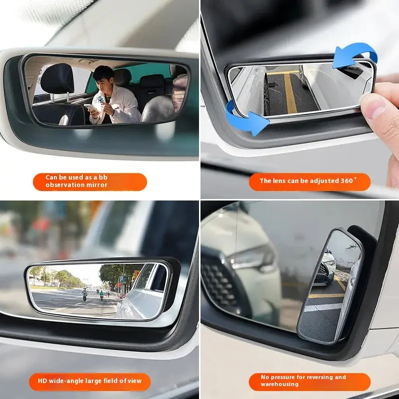 Car mirror with adjustable lens, wide-angle view, and no pressure for reversing.
