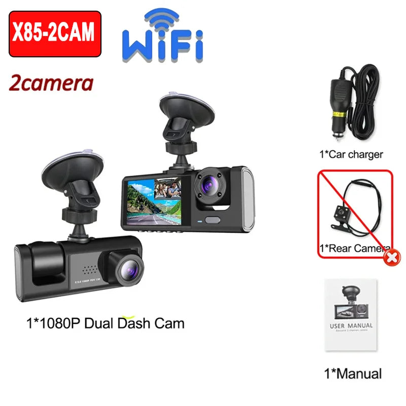 2-camera dash cam set with accessories on a white background