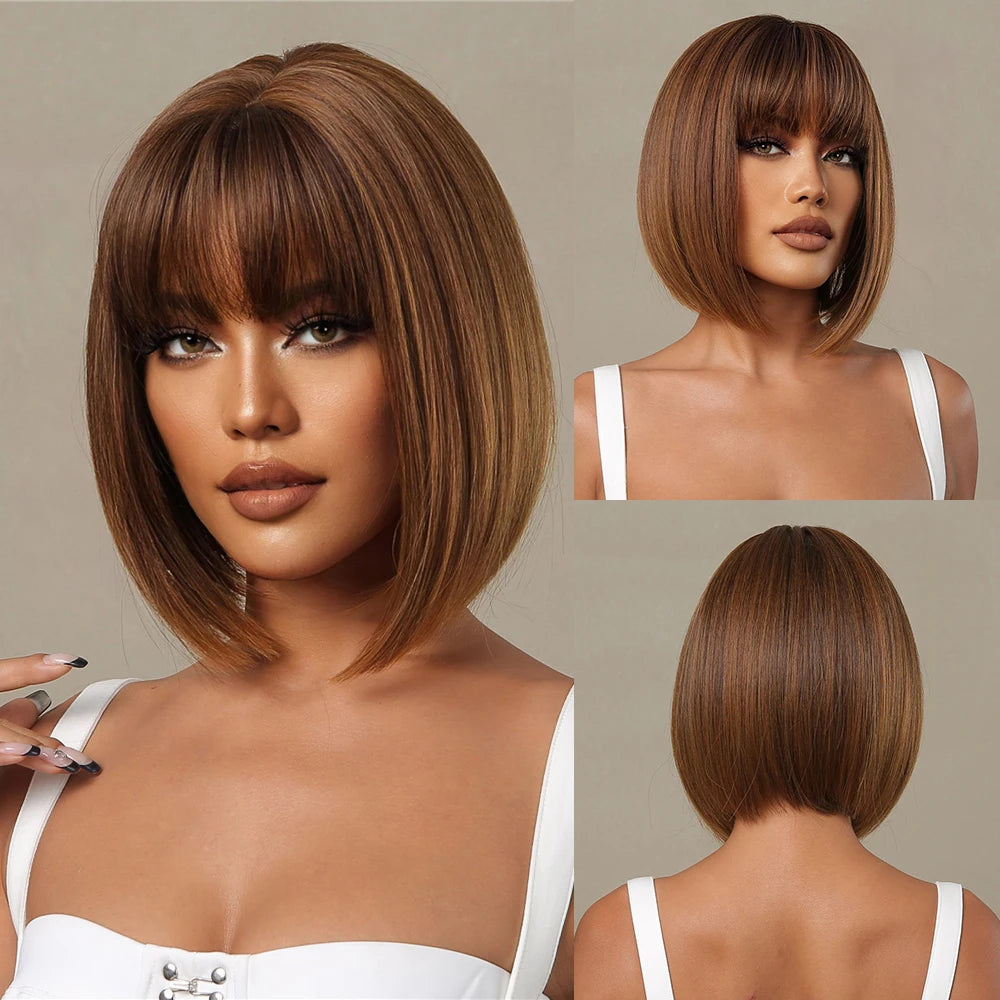 Layered Short Straight Wig with Bangs | Heat Resistant Synthetic Bob - ANDYS