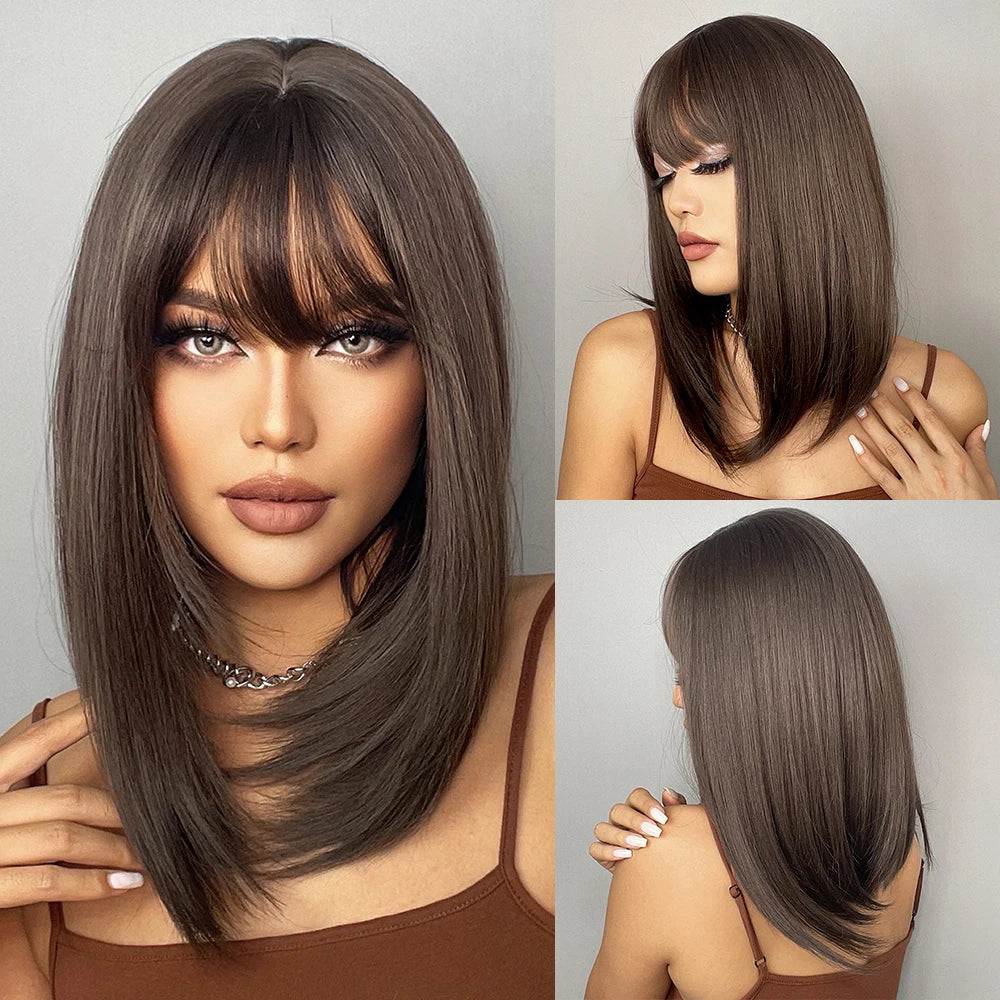 Layered Short Straight Wig with Bangs | Heat Resistant Synthetic Bob - ANDYS