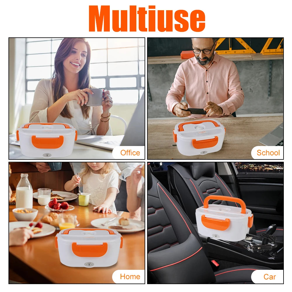 Multifunctional lunch box used in office, school, home, and car settings.