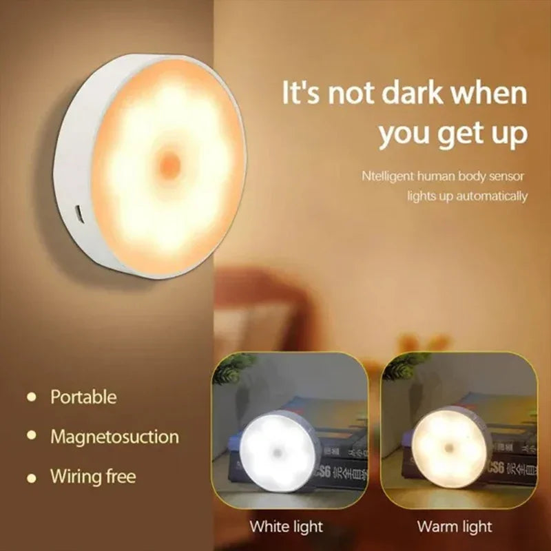 Night light with text highlighting features and usage scenarios on a brown background