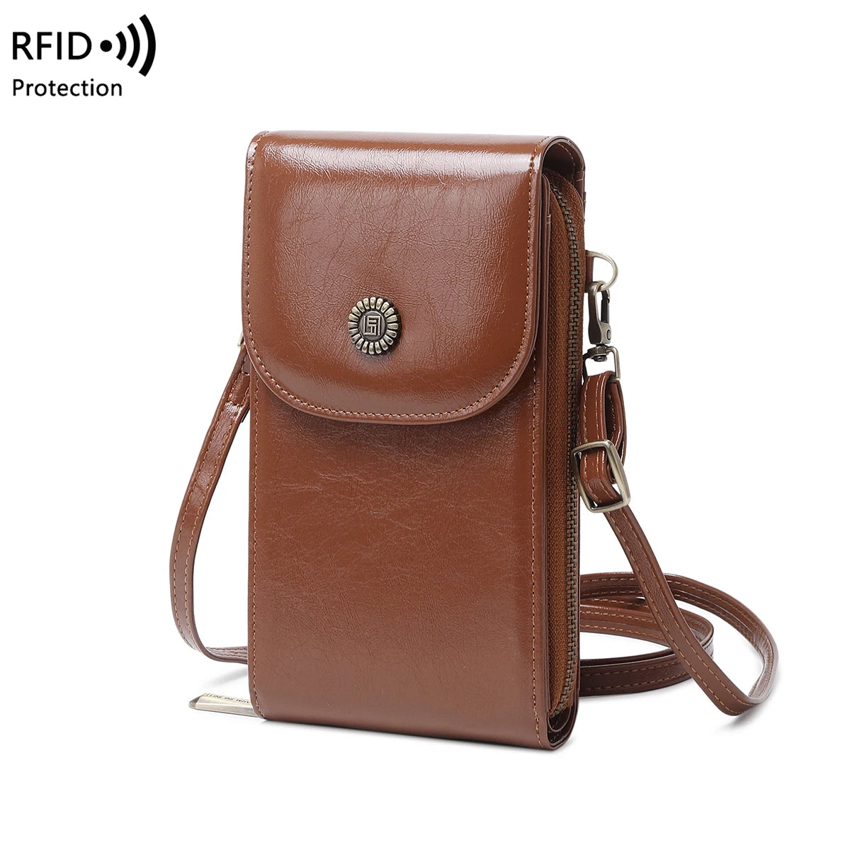 Retro Oil Wax Leather Crossbody Phone Bag with RFID Protection
