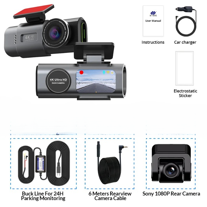 Black 4K ultra HD dash cam shown from front and back angles with accessories including a user manual, car charger, electrostatic sticker, buck line cable, 6-meter rearview camera cable, and Sony 1080P rear camera.