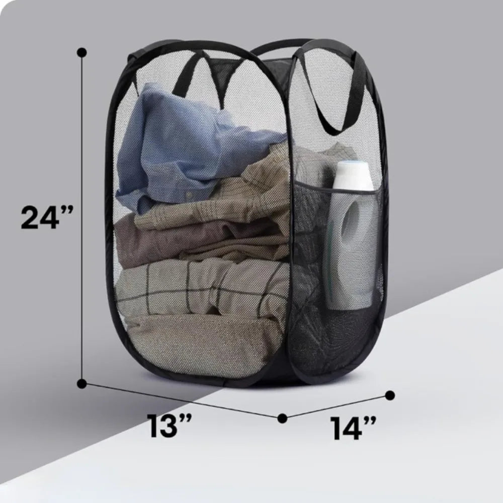 Collapsible Mesh Laundry Basket with Side Pocket