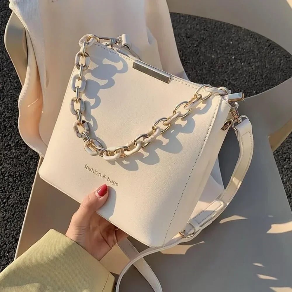 Chic Leather Chain Bucket Crossbody Bag