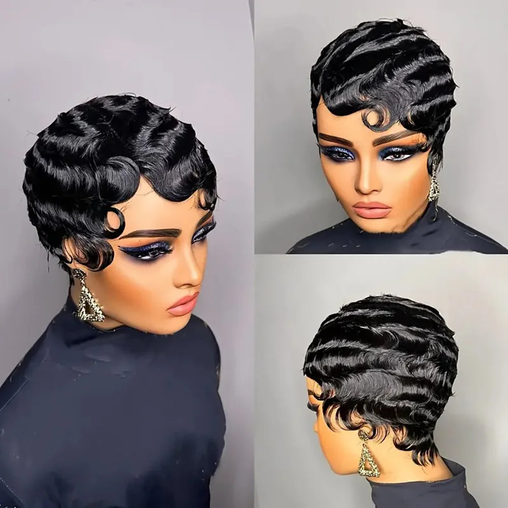 Short Finger Wave Pixie Cut Wig | Ocean Wave 100% Human Hair - ANDYS