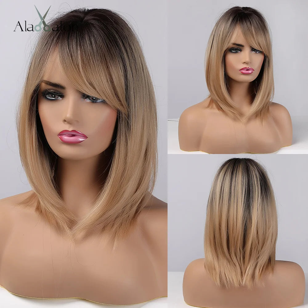 Layered Short Straight Wig with Bangs | Heat Resistant Synthetic Bob - ANDYS