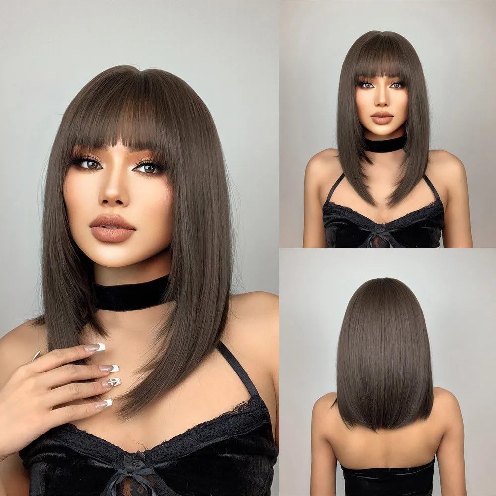 Layered Short Straight Wig with Bangs | Heat Resistant Synthetic Bob - ANDYS