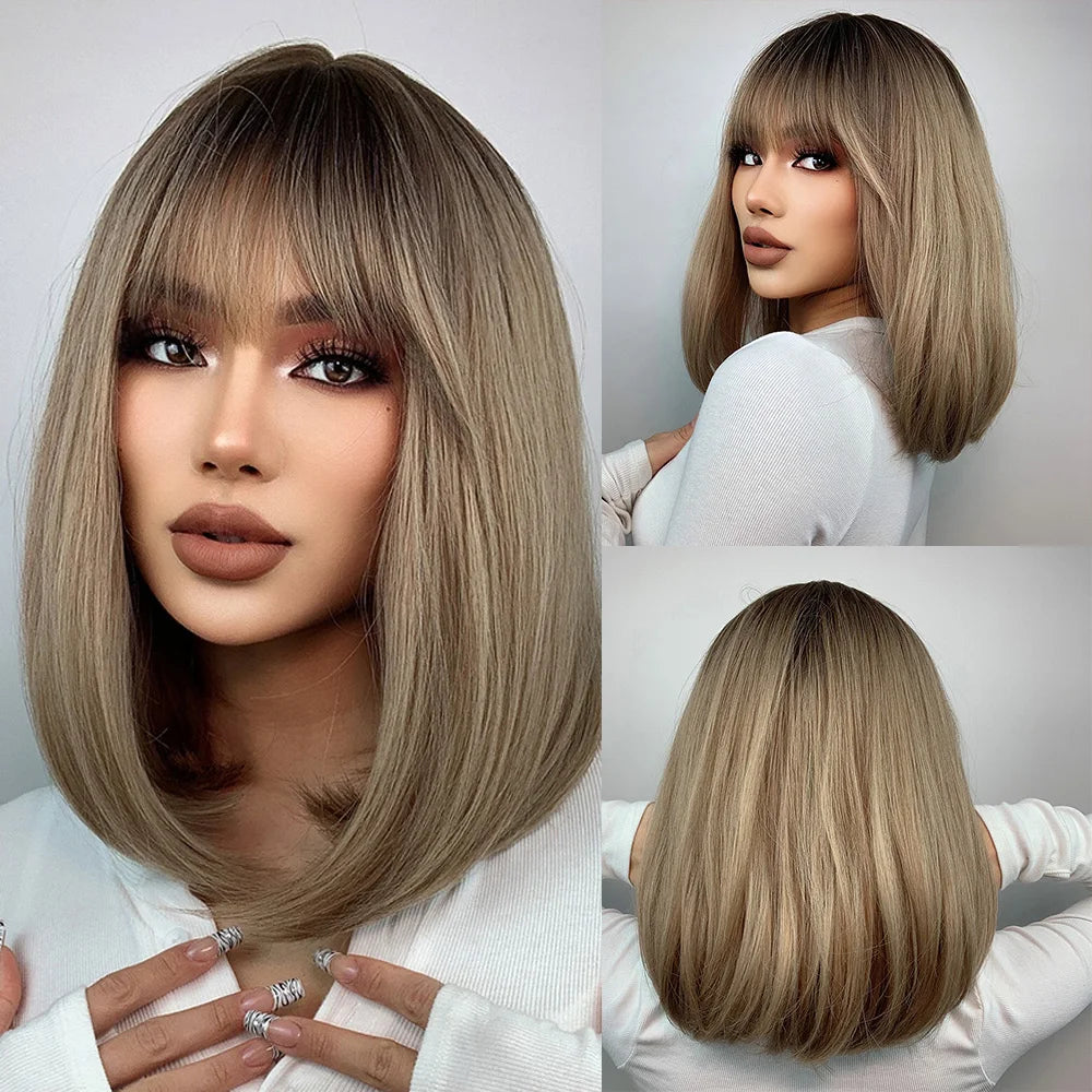 Layered Short Straight Wig with Bangs | Heat Resistant Synthetic Bob - ANDYS