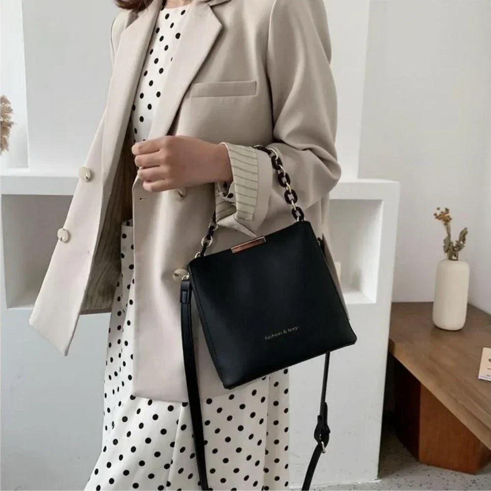 Chic Leather Chain Bucket Crossbody Bag