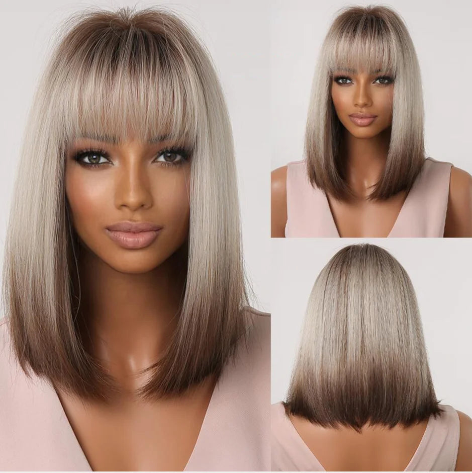 Layered Short Straight Wig with Bangs | Heat Resistant Synthetic Bob - ANDYS
