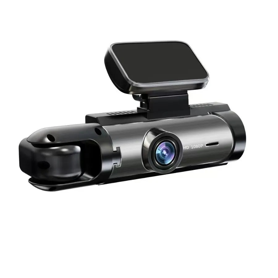 A black and dark gray 3D-rendered dash cam with an integrated screen on top, shown against a plain white background.