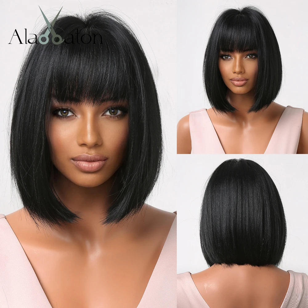 Layered Short Straight Wig with Bangs | Heat Resistant Synthetic Bob - ANDYS