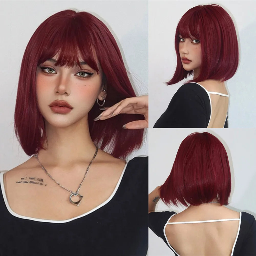 Layered Short Straight Wig with Bangs | Heat Resistant Synthetic Bob - ANDYS