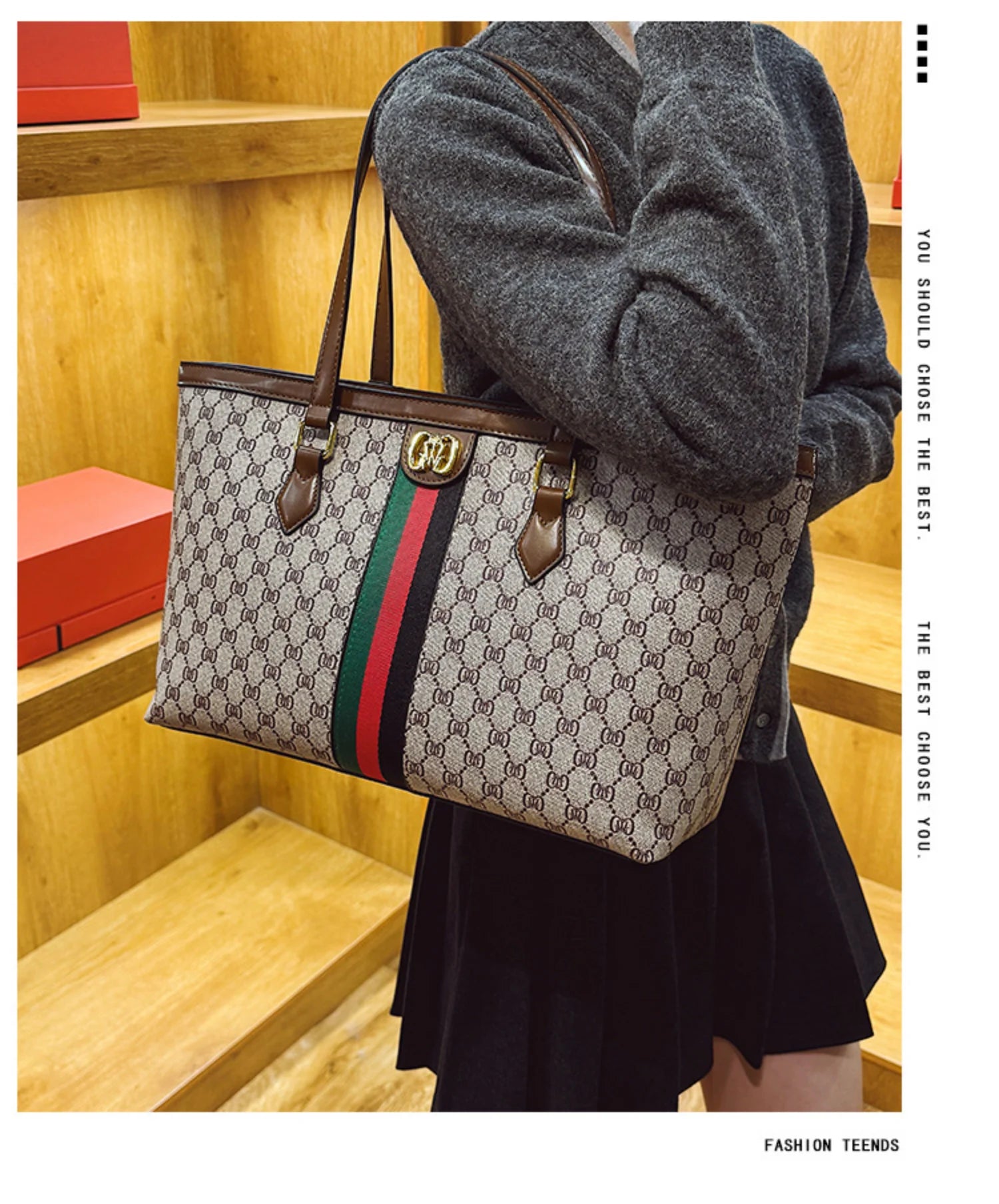 Luxury Coffee Floral Leather Handbag with Striped Accent