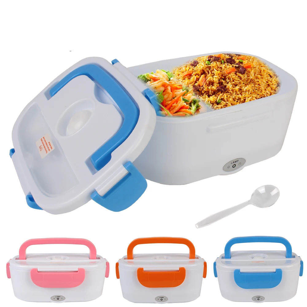 Electric lunch box with food, spoon, and three color variants on a white background