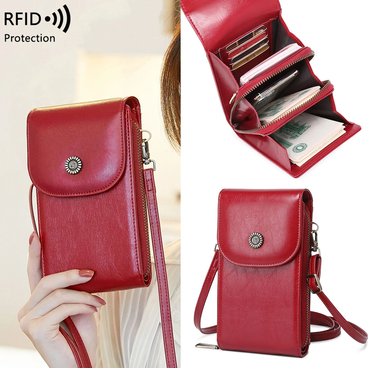 Retro Oil Wax Leather Crossbody Phone Bag with RFID Protection