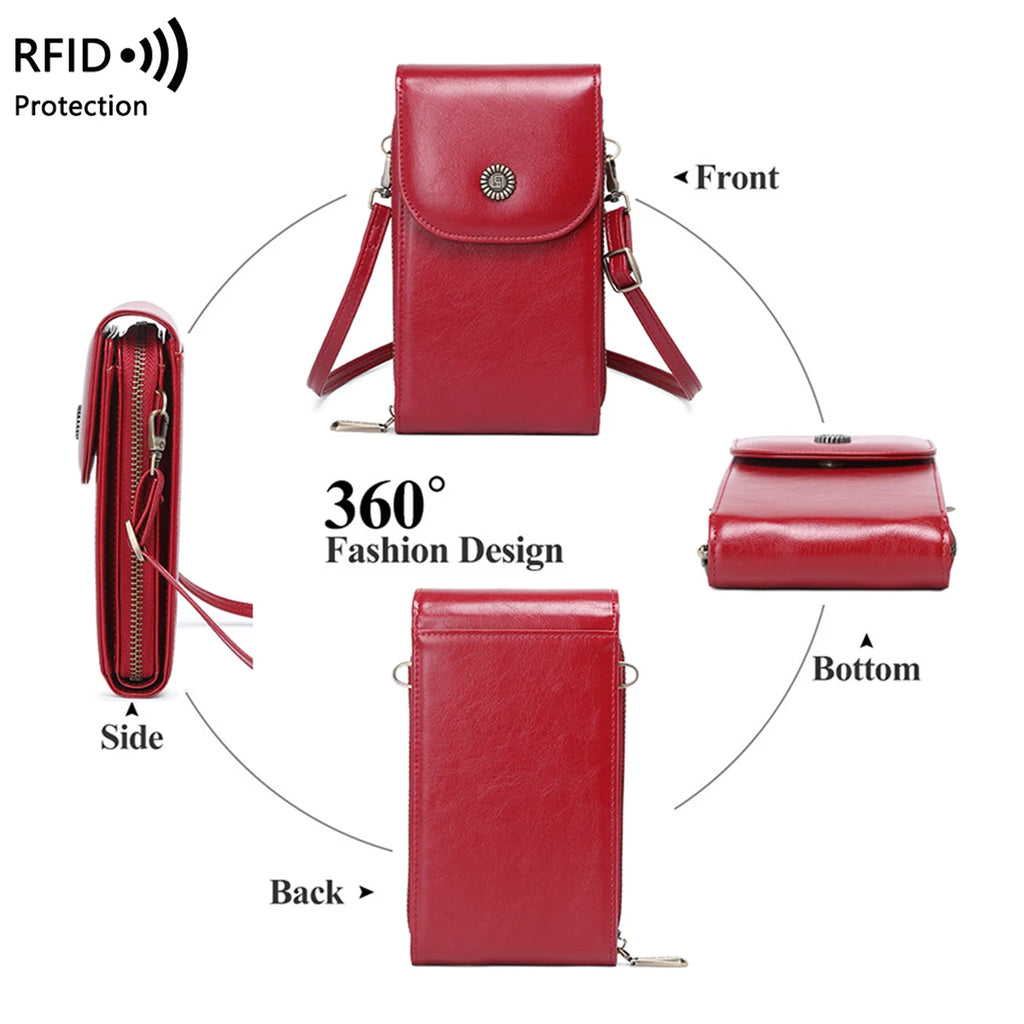 Retro Oil Wax Leather Crossbody Phone Bag with RFID Protection