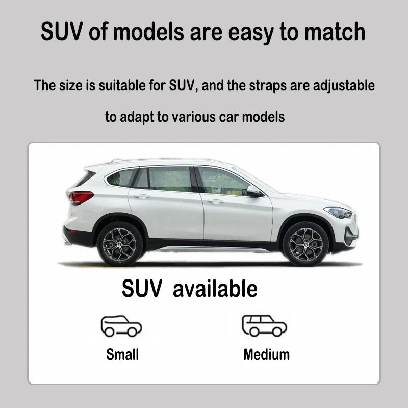 White SUV with text about matching sizes and adjustable straps on a light gray background