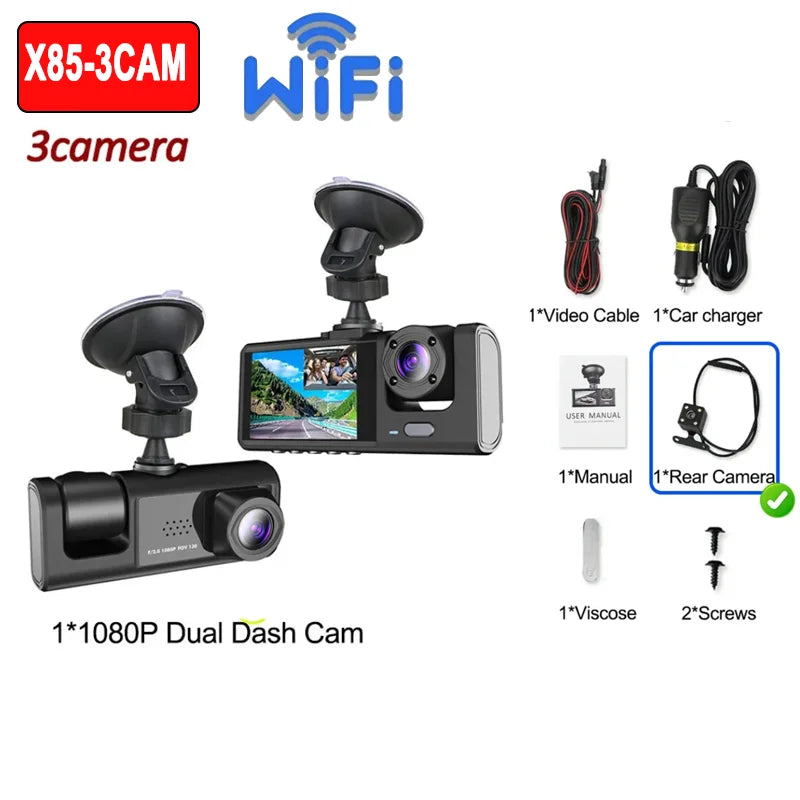 1080P dual dash cam with accessories on a white background