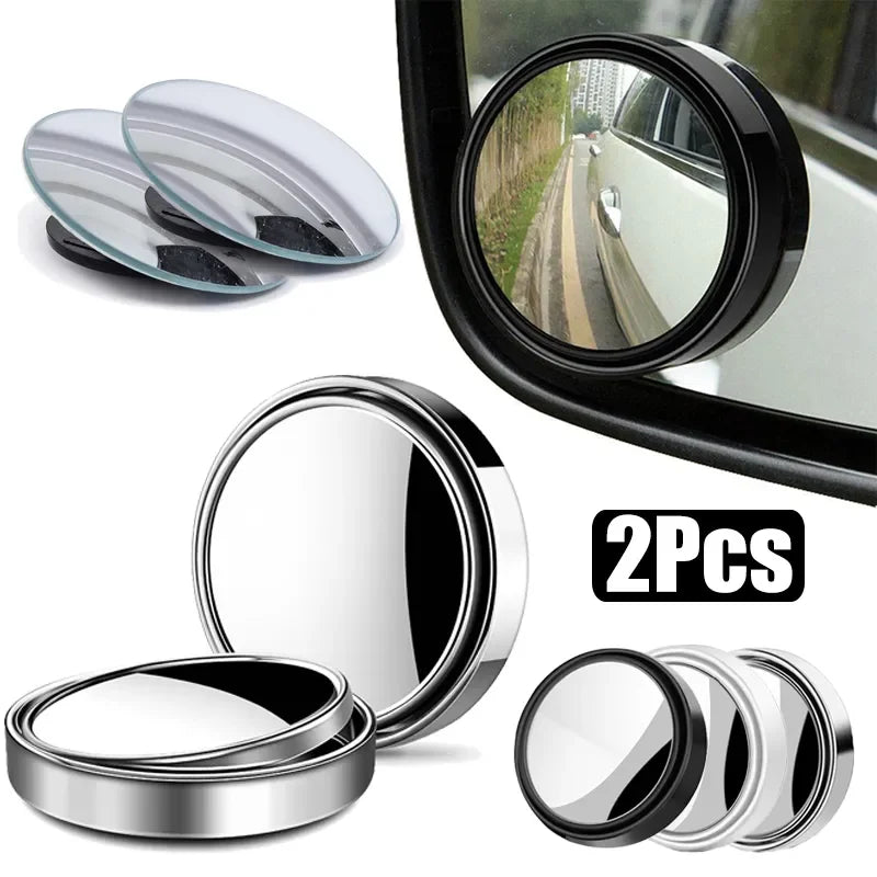 Car blind spot mirrors with reflective surfaces on a white background
