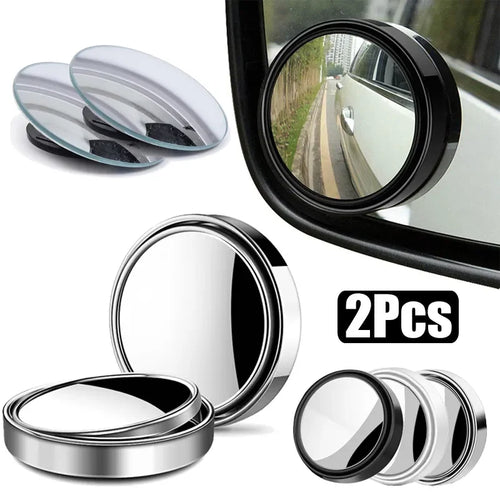 Car blind spot mirrors with reflective surfaces on a white background