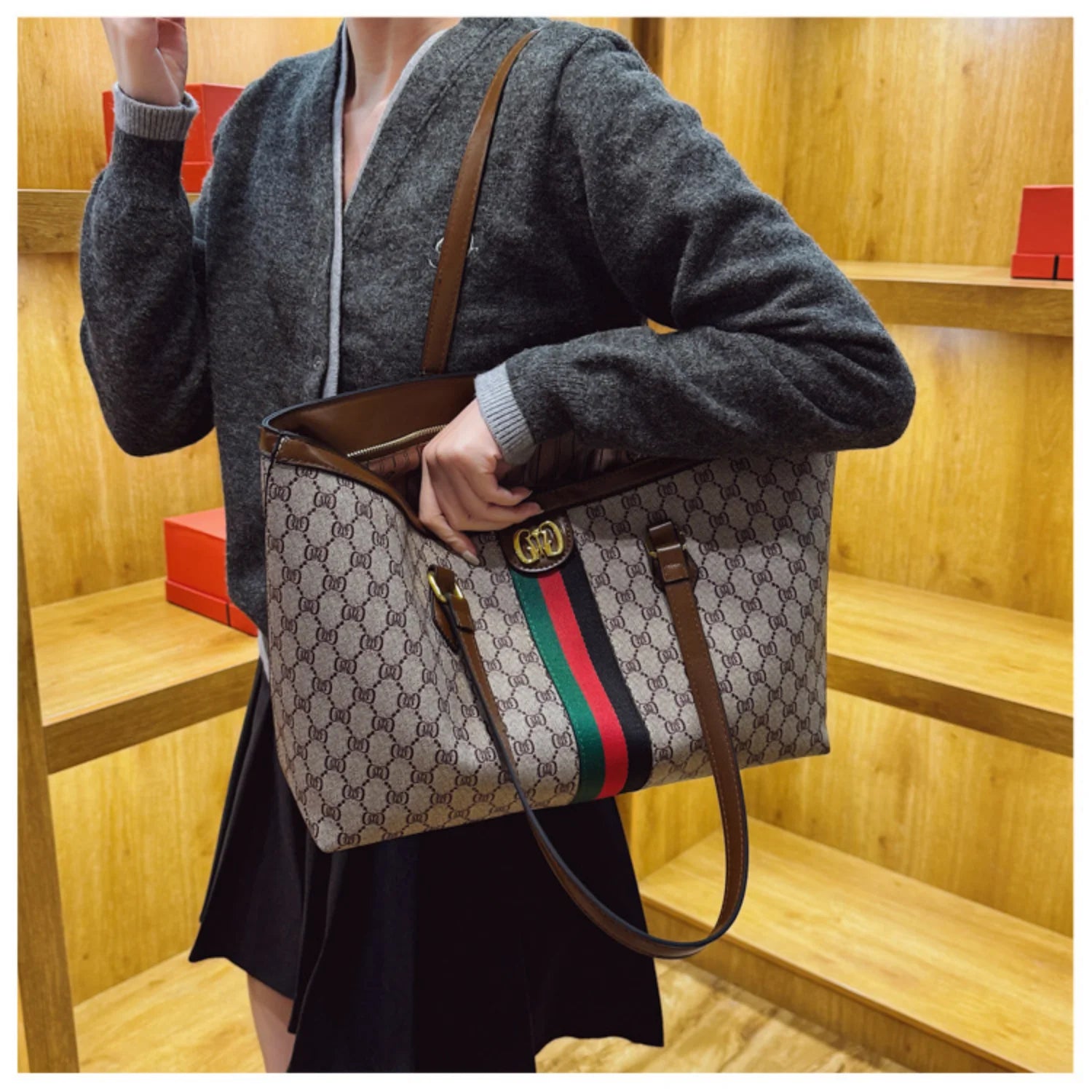 Luxury Coffee Floral Leather Handbag with Striped Accent