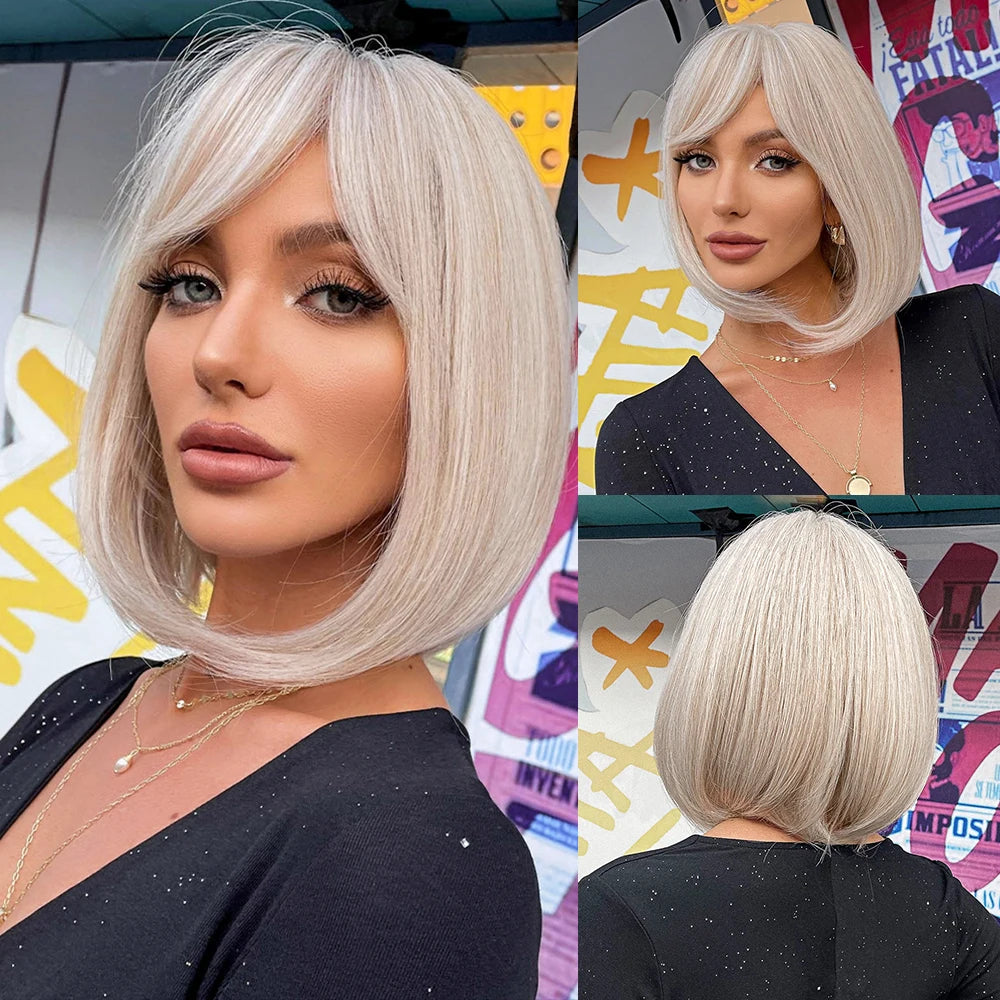 Layered Short Straight Wig with Bangs | Heat Resistant Synthetic Bob - ANDYS