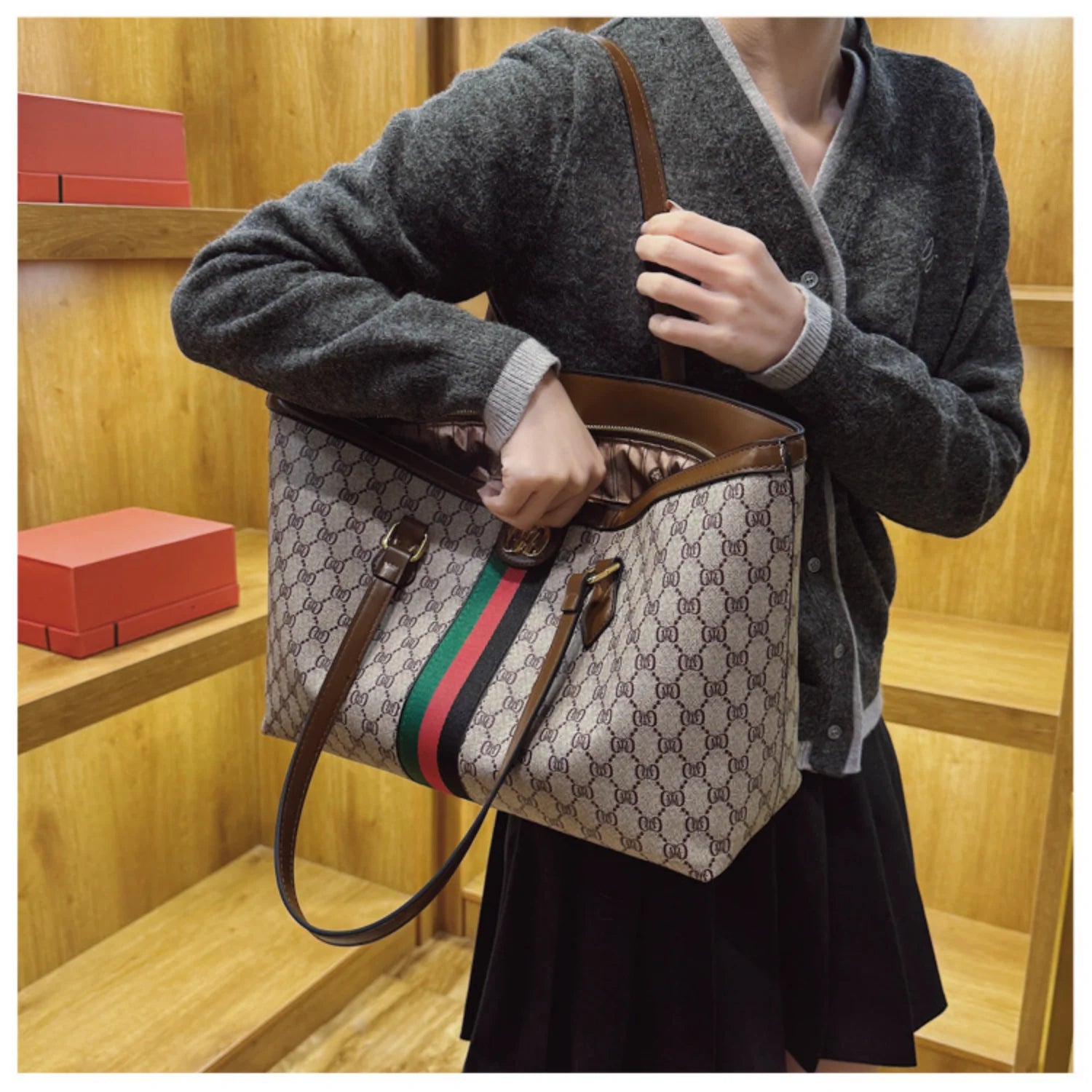 Luxury Coffee Floral Leather Handbag with Striped Accent