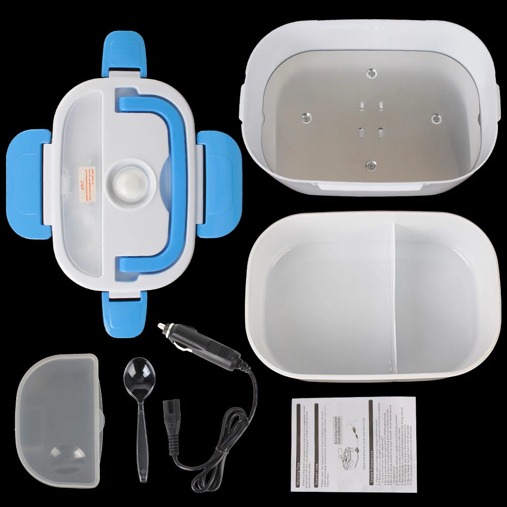 Collection of medical and kitchen items including a blue and white device, clear containers, a spoon, and a power cord on a black background.