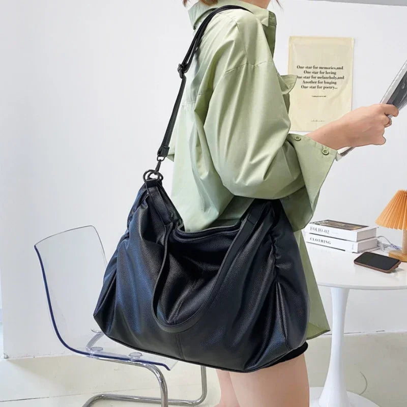 Large Black Soft Leather Slouchy Hobo Shoulder Bag