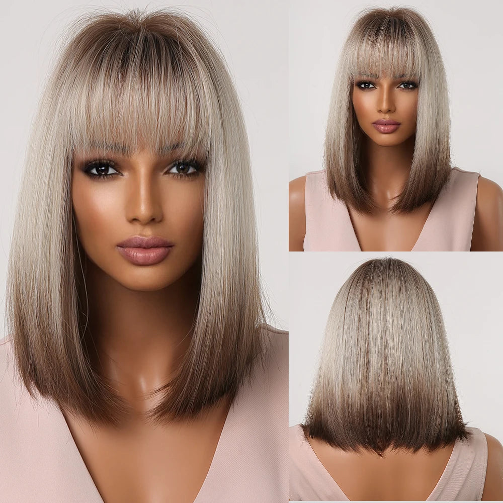 Layered Short Straight Wig with Bangs | Heat Resistant Synthetic Bob - ANDYS