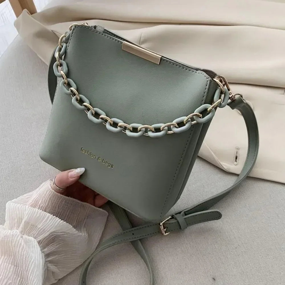 Chic Leather Chain Bucket Crossbody Bag