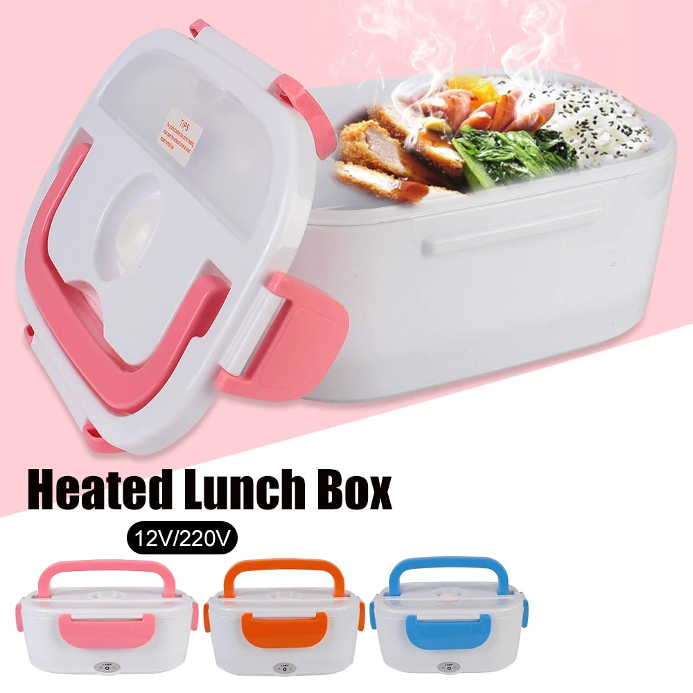 Heated lunch box with food inside, shown on a pink background with additional color options displayed below.