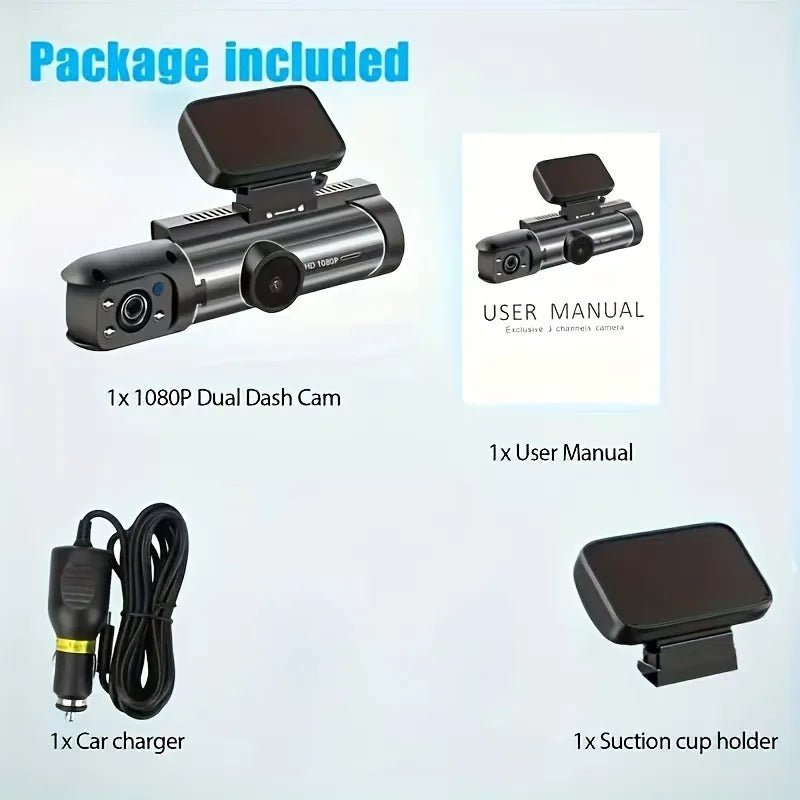 Car dashboard camera package with dual dash cam, user manual, car charger, and suction cup holder on a light blue background.