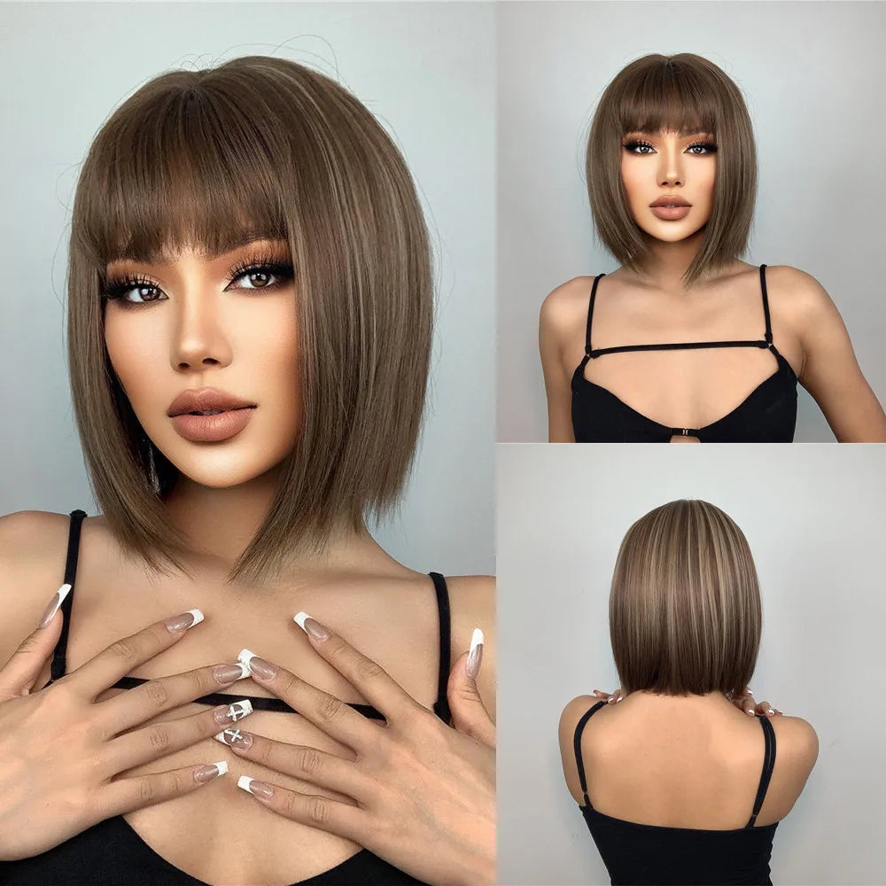 Layered Short Straight Wig with Bangs | Heat Resistant Synthetic Bob - ANDYS