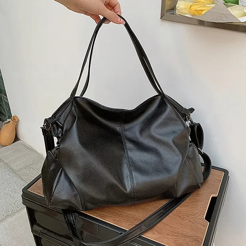 Large Black Soft Leather Slouchy Hobo Shoulder Bag